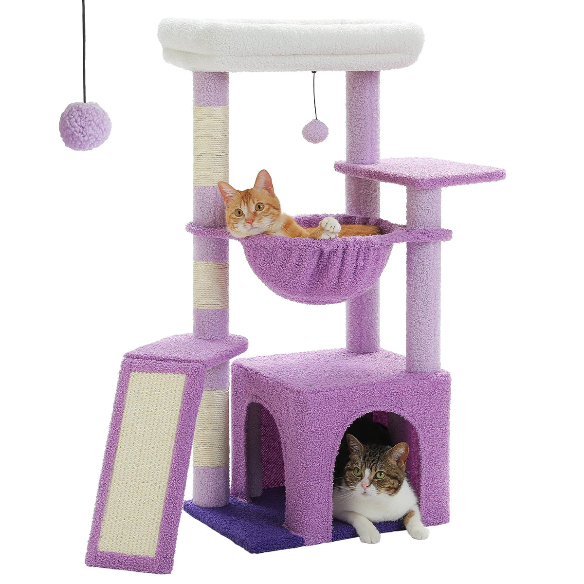 Arbre à chat 92 cm lilas avec griffoirs en sisal, niche et hamac – CompagnonPropre