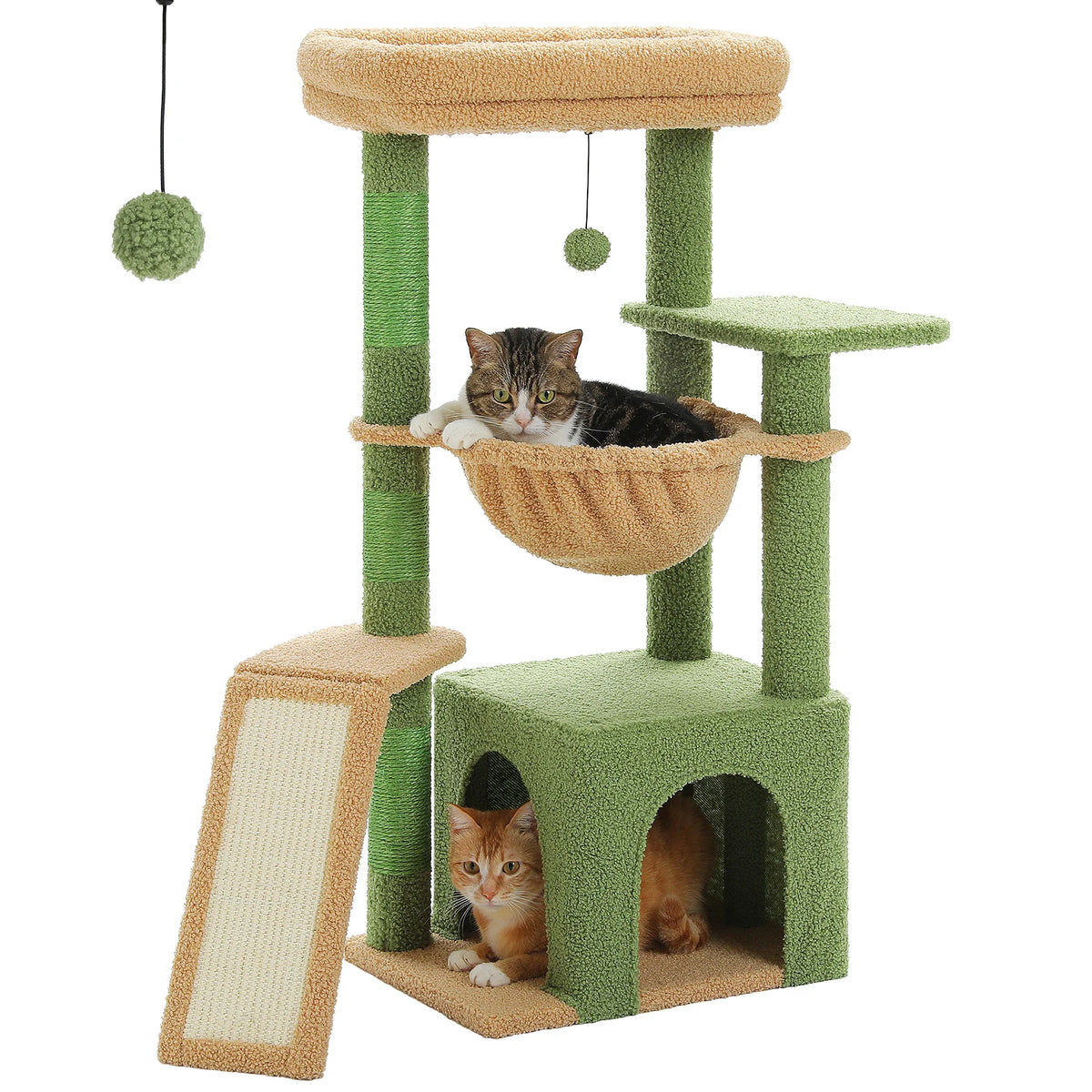 Arbre à chat 92 cm vert sauge avec griffoirs en sisal, niche et hamac – CompagnonPropre