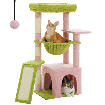 Arbre à chat 92 cm rose et vert avec griffoirs en sisal, niche et hamac – CompagnonPropre