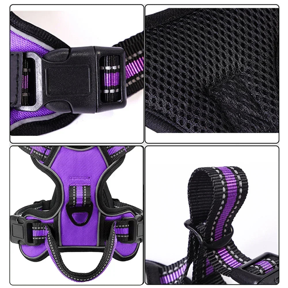 Harnais réfléchissant pour chien - détails techniques : boucles quick release, mesh respirant, poignée