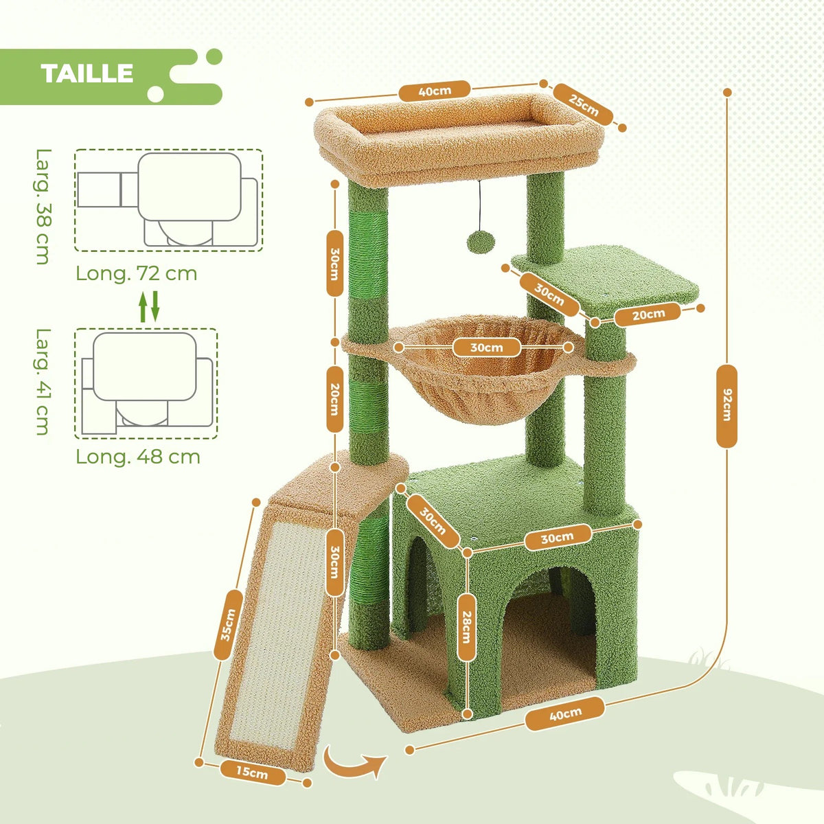 Dimensions de l'arbre à chat 92 cm : niche, hamac, plateformes et rampe – CompagnonPropre