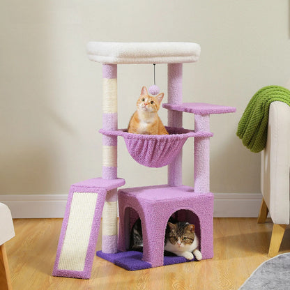 Arbre à chat lilas 92 cm dans un salon avec chats, griffoirs en sisal, hamac et niche – CompagnonPropre