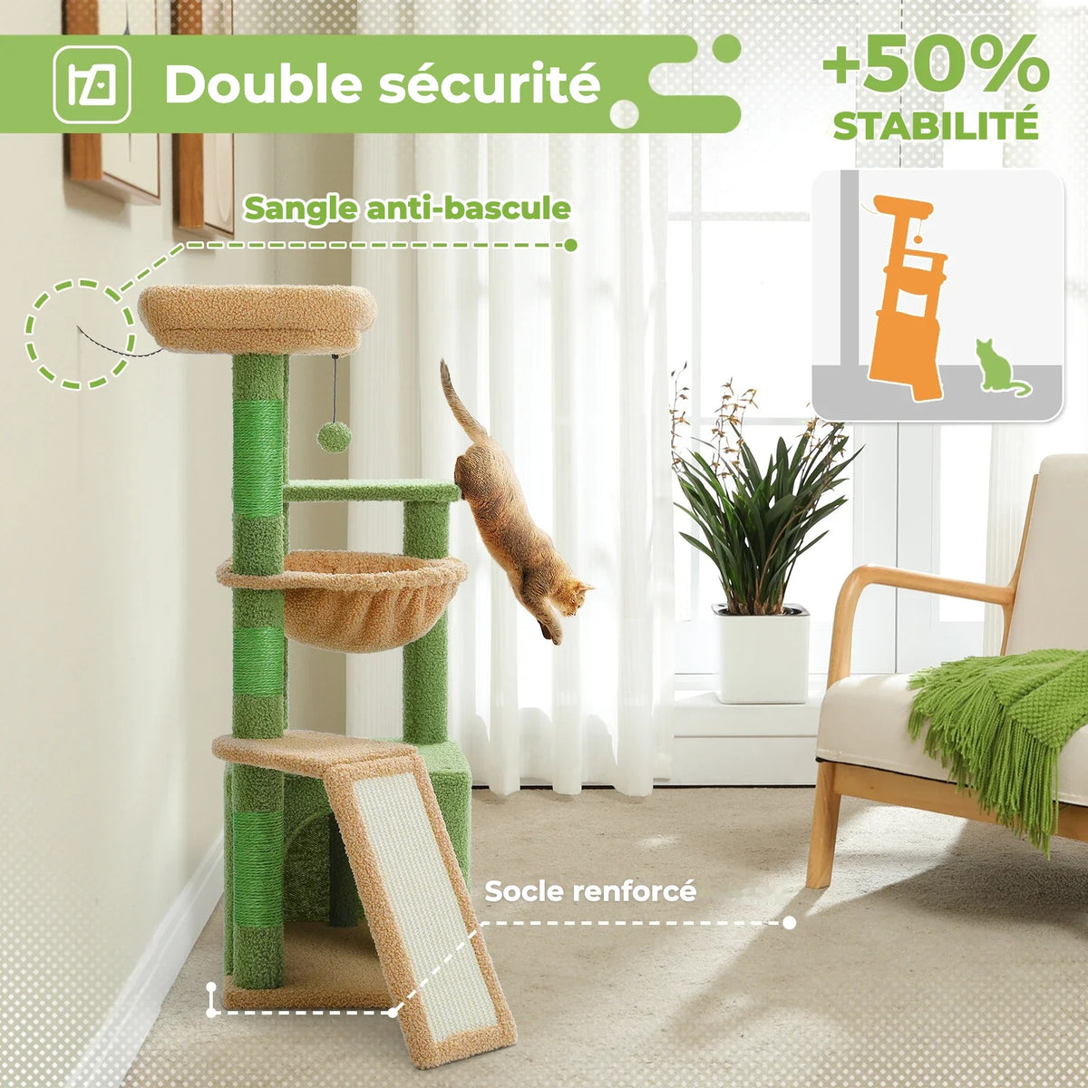 Arbre à chat stable avec sangle anti-bascule et socle renforcé – CompagnonPropre