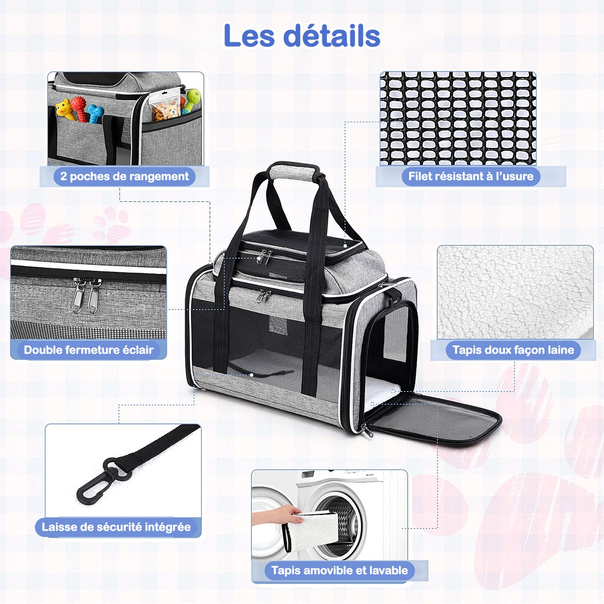 Détails du sac : poches, filet, tapis lavable, laisse